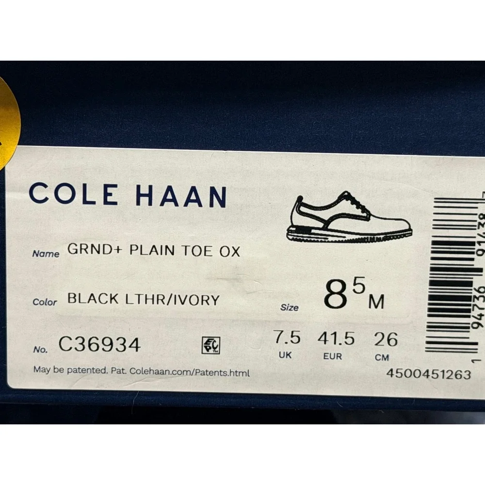 Cole Haan Mens 8.5M GRND+ Plain Toe Oxford Black Leather Ivory Shoes C36934 NEW